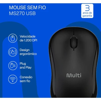 MOUSE OPTICO SEM FIO 1200DPI 2.4GHZ PRETO UNIDADE MO651 - MULTI