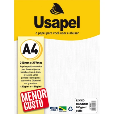 PAPEL LINHO A4 180G 50F BRANCO R.25017 USAPEL
