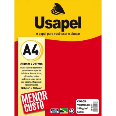 PAPEL COLOR 180G A4 50F VERMELHO USAPEL