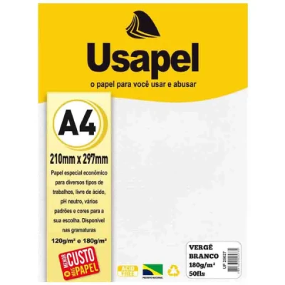 PAPEL VERGE A4 180G 50FL BRANCO USAPEL