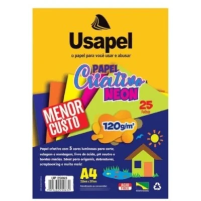 PAPEL CRIATIVO A4 COLORIDO NEON 120G C/25F 25063 USAPEL