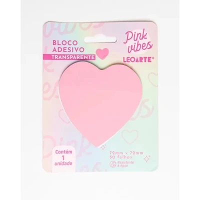 BLOCO ADESIVO PINK VIBES TRANSPARENTE CORACAO 72MMX72MM 50F LEOARTE