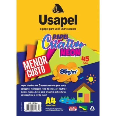 PAPEL CRIATIVO A4 COLORIDO NEON 85G C/45F 25064 USAPEL