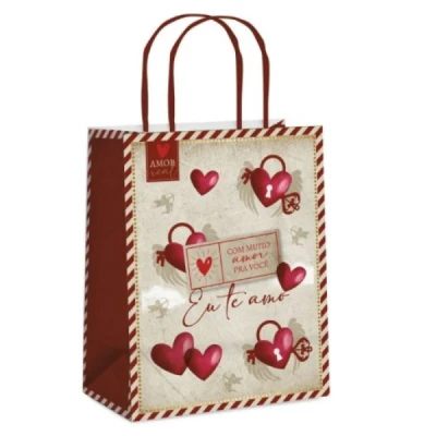 SACOLA PARA PRESENTE DECORADA AMOR REAL M 26X19,5X9,5CM 14002116 - CROMUS