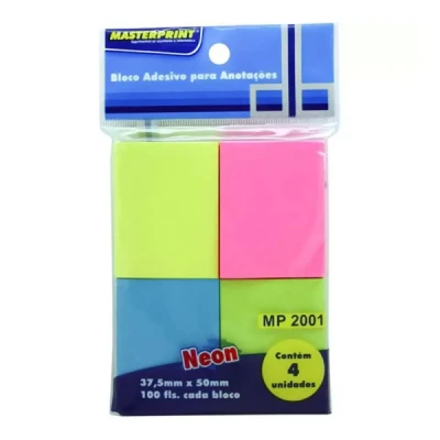 BLOCO ADESIVO NEON 4 CORES 37.5X50 100F CADA BLOCO MP2001 MASTERPRINT
